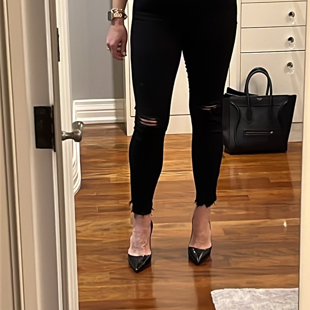 JBD (just black denim) skinny black jeans with rips at knees